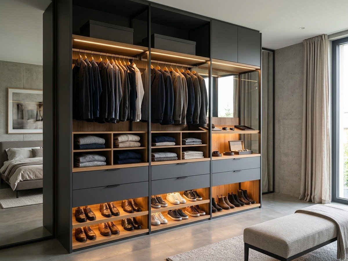Closet planejado contemporâneo em tons grafite e madeira com nichos